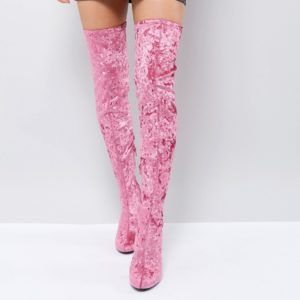 Truffle Collection Crushed Velvet Over The Knee Boot - Pink