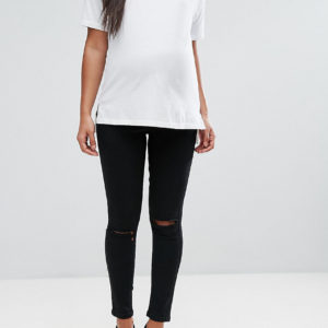 ASOS MATERNITY RIDLEY Skinny Jeans In Clean Black With Ripped Knees With Over The Bump Waistband - Black