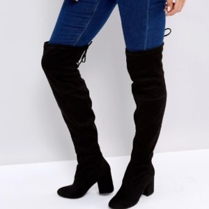 New Look Over the Knee Block Heeled Boot with Tie Back - Black