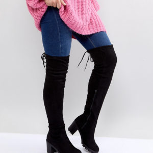 New Look Wide Fit Chunky Cleated Sole Over The Knee Heeled Boot - Black