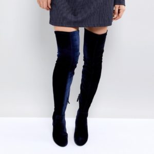 Stradivarius Over The Knee Velvet Boot - Navy