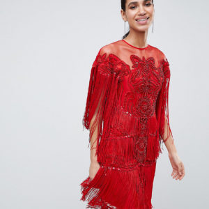 A Star Is Born Tassel Midi Dress with All Over Sequins - Red