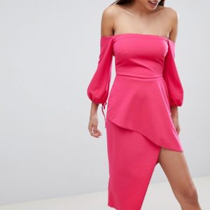 ASOS Bardot Midi Dress With Tiered Wrap Skirt - Pink