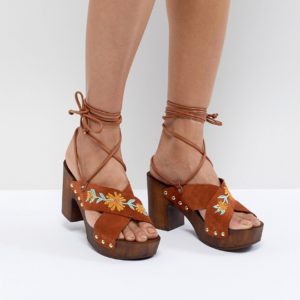 ASOS DESIGN Trey Suede Embroidered Heeled Sandals - Brown