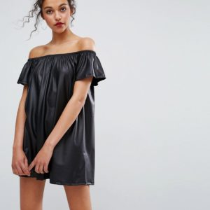 ASOS Faux Leather Off Shoulder Mini Dress - Black