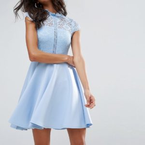 ASOS High Neck Mini Skater Dress With Lace Top - Blue