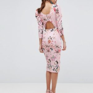 ASOS Midi Dress With Puff Sleeve and Cut Out Back In Floral Print - Multi