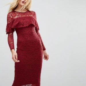 ASOS Midi Lace Pencil Dress with Long Sleeves and Frill Detail - Red