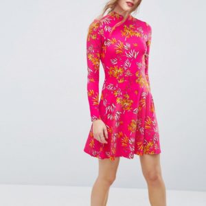 ASOS Mini Tea Dress With High Neck In Pink Bamboo Print - Multi