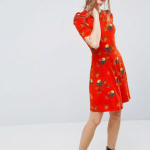 ASOS Mini Tea Dress With Ruched Shoulders In Bird Print - Multi