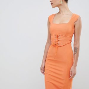 ASOS Premium Heavy Rib Pencil Dress With Corset - Orange