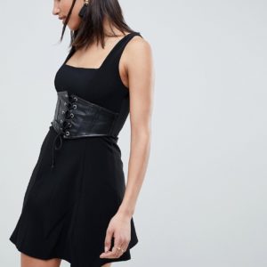 ASOS Premium Rib Mini Skater Dress With Faux Leather Corset - Black