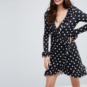 ASOS Wrap Front Tea Dress with Frill in Polka Dot - Multi