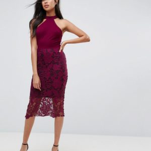 AX Paris Racer Neck Midi Dress With Crochet Lace Skirt And Contrast Lining - Purple