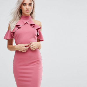 City Goddess Petite Pencil Dress With Ruffle Detail - Pink