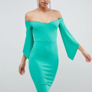 Club L Bardot Pencil Dress With 3/4 Sleeve - Green