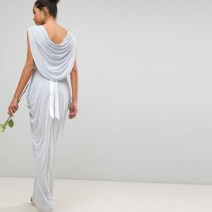 Club L Bridesmaid Wrap Over Draped Maxi Dress With Cowl Back Detail & Diamonte Belt - Blue