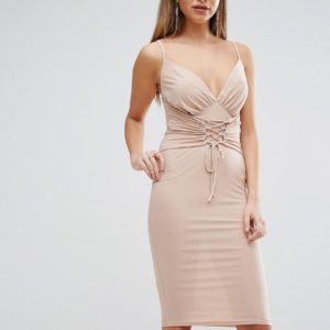 Club L Slinky Corset Tie Up Detail Cami Midi Dress - Pink