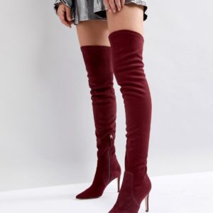 Dune London Pull On Over The Knee Suede Boot in Berry - Red