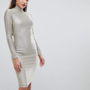 Flounce London High Neck Metallic Midi Dress - Silver