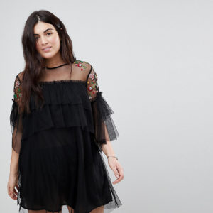 Influence Plus Embroidered Mesh Detail Shift Dress - Black