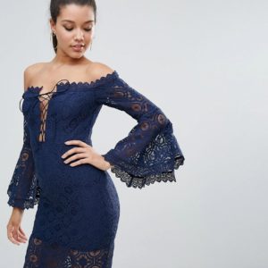 Love Triangle Allover Lace Off Shoulder Pencil Dress With Lace Up Detail - Navy