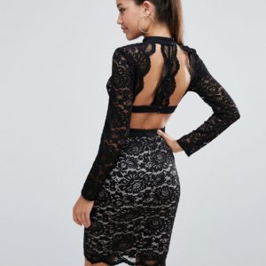 Love Triangle Allover Lace Pencil Dress With Scallop Back Detail - Black