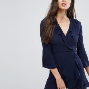 Outrageous Fortune Ruffle Wrap Dress With Fluted Sleeve - Navy