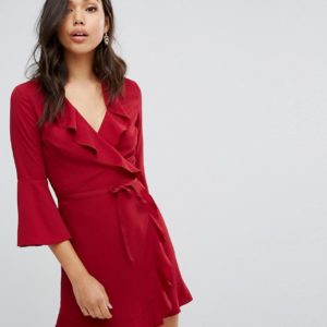 Outrageous Fortune Ruffle Wrap Dress With Fluted Sleeve - Red