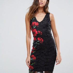 Paper Dolls Floral Lace Bodycon Dress - Black