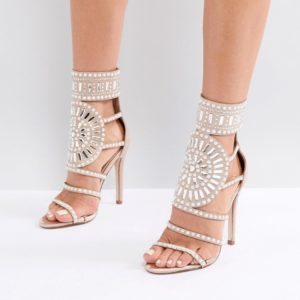 Public Desire Cleopatra Embellished Heeled Sandals in Rose Gold Satin - Gold