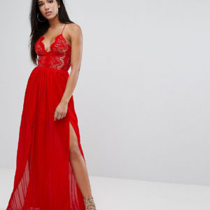 Rare London Eyelash Plunge Double Side Split Maxi Dress - Red