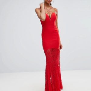 Rare London Sweetheart Plunge Maxi Dress With Lace Skirt - Red