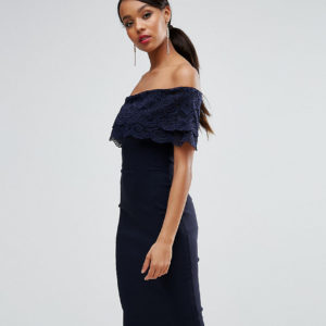 Vesper Bandeau Pencil Dress With Eyelash Lace Frill Overlay - Navy