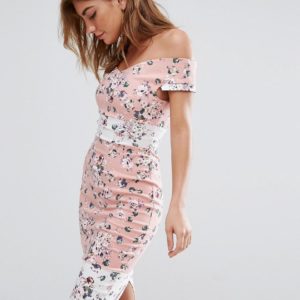 Vesper Bardot Midi Dress In Floral Print With Contrast Border - Pink