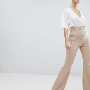 Vesper Button Detail Wide Leg Pants - Brown