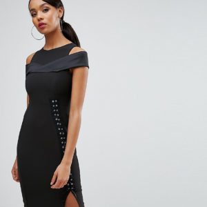 Vesper Cold Shoulder Pencil Dress With Lace Up Side - Black