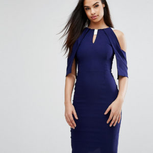 Vesper Frill Cold Shoulder Pencil Dress With Satin Strap Detail - Navy