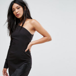 Vesper One Shoulder Mini Dress with Long Sleeves and Asymmetric Hem - Black