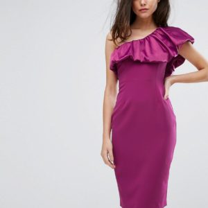 Vesper One Sleeve Pencil Dress With Satin Ruffle - Red