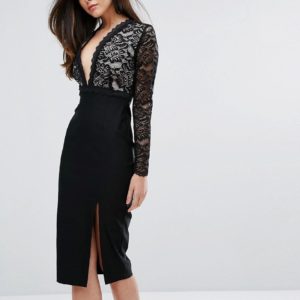 Vesper Plunge Lace Pencil Dress With Split - Black