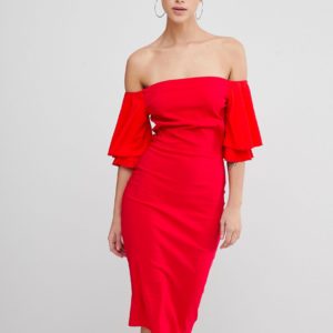 Vesper Short Sleeve Bardot Dress - Red