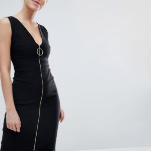 Vesper Zip Through Midi Pencil Dress With Ring Detail - Black