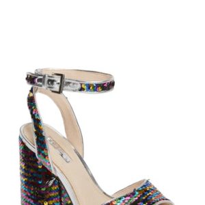 Women's Topshop Reaction Sequin Block Heel Sandal, Size 6.5US / 37EU - Metallic