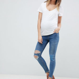 ASOS DESIGN Maternity Ridley High Waist Skinny Jeans In Tana Wash With Over The Bump Waistband With Busted Knees - Blue