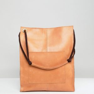 ASOS DESIGN leather vintage shopper with front pocket - Tan