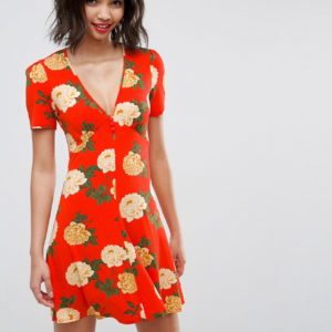 ASOS Mini Tea Dress with V Neck and Button Detail in Red Floral Print - Multi