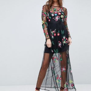 ASOS PREMIUM Mesh Maxi Dress with Floral Embroidery - Black