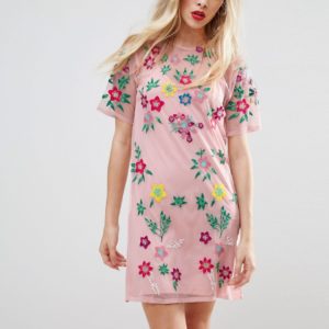 ASOS PREMIUM Mesh T-Shirt Dress with Floral Embroidery - Pink