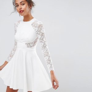 ASOS Premium Mini Scuba Skater Dress with Lace Sleeves - White